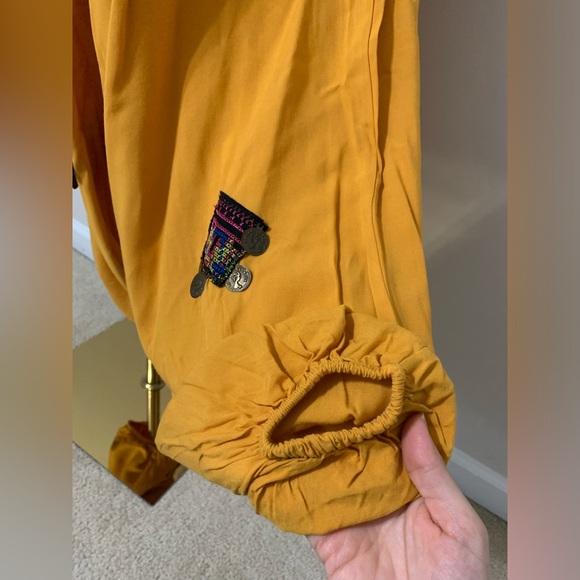 Mustard Yellow with Pink Floral Hobo Embroidered Low Harem Baggy Pants - Picture 12 of 16